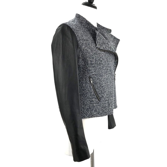 THEORY Tweed Black Lamb Leather Moto Jacket Blazer - Picture 4 of 8